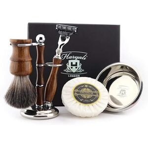 Haryali London Wooden Mens Shaving Kit 3 Edge Shaving Razor with Synthetic Badger Hair Brush, Stand, Bowl and Soap Gift Set for Men Haryali London Wooden Mens Shaving Kit 3 Edge Shaving Razor with Synthetic Badger Hair Brush, Stand, Bowl and Soap Gift Set for Men