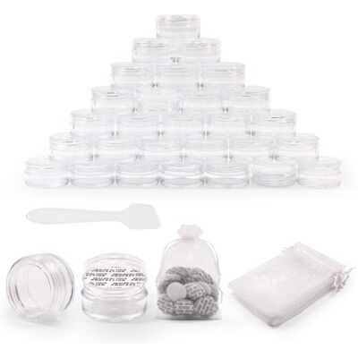 SumDirect 100Pcs 5Gram Clear Empty Cosmetic Containers Jars Sample Pots Bottles, Travel Pots for Cream, Lotion, Lip Balm with Mini Spatula and 10Pcs White Sheer Organza Bags SumDirect 100Pcs 5Gram Clear Empty Cosmetic Containers Jars Sample Pots Bottles, Travel Pots for Cream, Lotion, Lip Balm with Mini Spatula and 10Pcs White Sheer Organza Bags