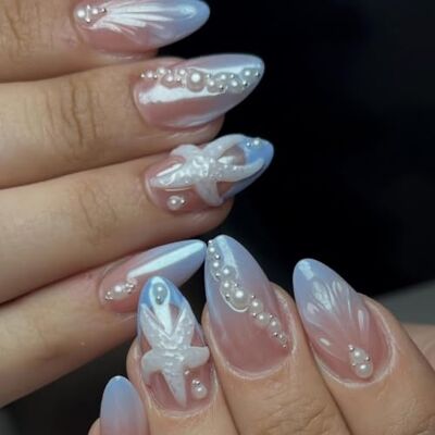 Mekalero 24 Piece Wearable Manicure Tips Almond Blue Gradient False Tips with Pearl Accent and Sea Star Art, Set for Quick Beauty Mekalero 24 Piece Wearable Manicure Tips Almond Blue Gradient False Tips with Pearl Accent and Sea Star Art, Set for Quick Beauty