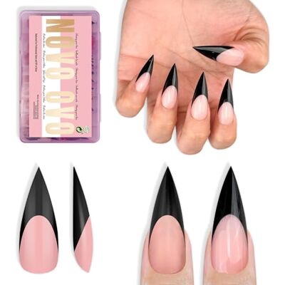 NOVO OVO Black French Tip Sharp Stiletto Pointed Medium Long Nail Tips Press on Baby Pink, Soft Gel Fake Acrylic Extension, Full Cover False Nails for Salon DIY x 16 Sizes 160 pcs NOVO OVO Black French Tip Sharp Stiletto Pointed Medium Long Nail Tips Press on Baby Pink, Soft Gel Fake Acrylic Extension, Full Cover False Nails for Salon DIY x 16 Sizes 160 pcs