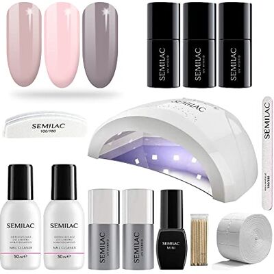 Semilac Love Me Gel Nail Starter Set Kit with UV 24/48W Nail Lamp, 3 Soak Off Gel Polish Colours, (Nude) Manicure Tools, Top No Wipe & Extend Base Coat, Top Mat, Remover, Cleaner & More Semilac Love Me Gel Nail Starter Set Kit with UV 24/48W Nail Lamp, 3 Soak Off Gel Polish Colours, (Nude) Manicure Tools, Top No Wipe & Extend Base Coat, Top Mat, Remover, Cleaner & More