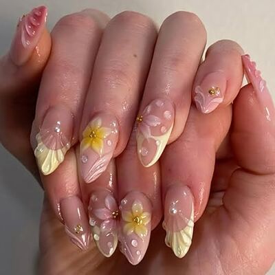 Qusinfc 30Pieces Blushes Tone Artificial Nails Short Almond Shape 3D Floral Presses on Nails ABS Easy Application Short Almond False Qusinfc 30Pieces Blushes Tone Artificial Nails Short Almond Shape 3D Floral Presses on Nails ABS Easy Application Short Almond False