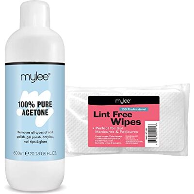 Mylee 100% Pure Acetone 600ml & Wipes Remover Kit + 100x Lint Free Wipes Mylee 100% Pure Acetone 600ml & Wipes Remover Kit + 100x Lint Free Wipes