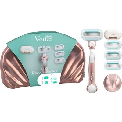 Gillette Pro Smooth Sensitive Women’s Razor for Sensitive Skin, 4 Refill Razor Cartridges, Reusable Metal Handle, Shower Holder, Travel Bag Gillette Pro Smooth Sensitive Women’s Razor for Sensitive Skin, 4 Refill Razor Cartridges, Reusable Metal Handle, Shower Holder, Travel Bag