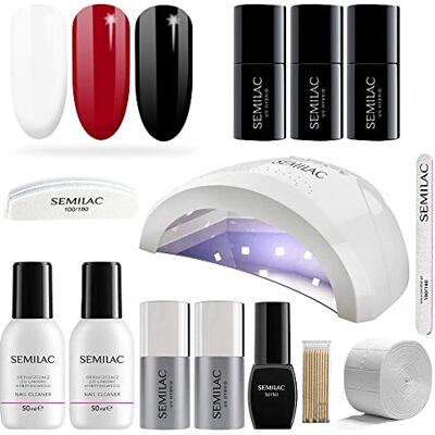 Semilac Love Me Gel Nail Starter Set Kit with UV 24/48W Nail Lamp, 3 Soak Off Gel Polish Colours, (Red, White & Black), Manicure Tools, Top No Wipe & Extend Base Coat, Top Mat, Remover, Cleaner Semilac Love Me Gel Nail Starter Set Kit with UV 24/48W Nail Lamp, 3 Soak Off Gel Polish Colours, (Red, White & Black), Manicure Tools, Top No Wipe & Extend Base Coat, Top Mat, Remover, Cleaner