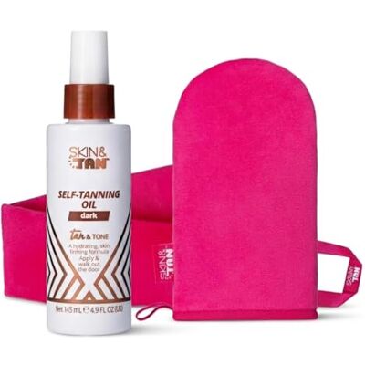 SKIN & TAN Tan & Tone Self Tanning Oil Dark Bundle Hydrating, Firming, No-Rinse Formula for Golden Bronze Streak-Free Application 145ml + Application Mitt & Back Applicator SKIN & TAN Tan & Tone Self Tanning Oil Dark Bundle Hydrating, Firming, No-Rinse Formula for Golden Bronze Streak-Free Application 145ml + Application Mitt & Back Applicator