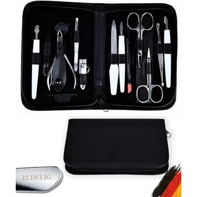 OZ HOME GGS Manicure & Pedicure Set 12-Piece Stainless Steel 18/10 Nail Set in Black Zip Case with Nail Scissors, Nail Clippers, Cuticle Nippers, Tweezers & File Made in Germany, from Solingen OZ HOME GGS Manicure & Pedicure Set 12-Piece Stainless Steel 18/10 Nail Set in Black Zip Case with Nail Scissors, Nail Clippers, Cuticle Nippers, Tweezers & File Made in Germany, from Solingen