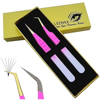 LEENAX 2 Pieces Fiber Tip (Anti – Slip) Eyelash Extension Tweezers, Straight and 45-Degree Volume Tweezers, Japanese Stainless Steel, Hearts Design (Pink Tulip) LEENAX 2 Pieces Fiber Tip (Anti – Slip) Eyelash Extension Tweezers, Straight and 45-Degree Volume Tweezers, Japanese Stainless Steel, Hearts Design (Pink Tulip)