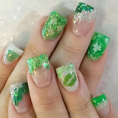 Xjdzineq 24 Pcs Lips Print Stick on Nails Festival False French Tip Press on Shamrocks Artificial Xjdzineq 24 Pcs Lips Print Stick on Nails Festival False French Tip Press on Shamrocks Artificial
