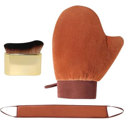 ZAUXVAI 3 in 1 Self Tanning Mitt Set, Reusable Fake Tan Applicator Kit with Back Tanner Strap & Tanning Brush, Streak-Free Applicator Glove for Body Face Sunless Tanning, Brown ZAUXVAI 3 in 1 Self Tanning Mitt Set, Reusable Fake Tan Applicator Kit with Back Tanner Strap & Tanning Brush, Streak-Free Applicator Glove for Body Face Sunless Tanning, Brown