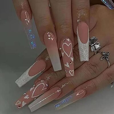Carufin 24Pcs Crown Lips Long Coffin Shining Heart French Acrylic False Nail Press on Ballet False Nails for Women Girls (D) Carufin 24Pcs Crown Lips Long Coffin Shining Heart French Acrylic False Nail Press on Ballet False Nails for Women Girls (D)
