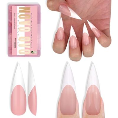 NOVO OVO White French Tip Long XL Sharp Stiletto Nail Tips Press on BABY PINK, Soft Gel Double Matte Fake Nail Extension, Full Cover False Nails for Acrylic DIY x 16 Sizes 160 pcs NOVO OVO White French Tip Long XL Sharp Stiletto Nail Tips Press on BABY PINK, Soft Gel Double Matte Fake Nail Extension, Full Cover False Nails for Acrylic DIY x 16 Sizes 160 pcs
