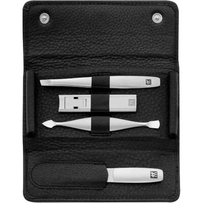 Zwilling Manicure Set (4 piece, push-button case, genuine leather, ergonomic design, with compact nail clipper), Premium, Black Zwilling Manicure Set (4 piece, push-button case, genuine leather, ergonomic design, with compact nail clipper), Premium, Black