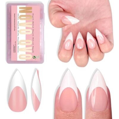 NOVO OVO Short Sharp Stiletto White French Tip Nail Tips Press on Baby Pink-16 Sizes PMMA Extra Thick Soft Gel False Nails, 1.5x Stronger Full Cover Acrylic Fake Nails Extension for Salon DIY 160Pcs NOVO OVO Short Sharp Stiletto White French Tip Nail Tips Press on Baby Pink-16 Sizes PMMA Extra Thick Soft Gel False Nails, 1.5x Stronger Full Cover Acrylic Fake Nails Extension for Salon DIY 160Pcs