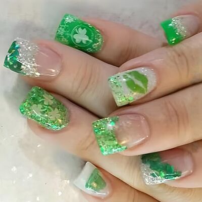 Ldabrye 24 Pcs Lips Print Stick on Nails Festival False French Tip Press on Shamrocks Artificial Ldabrye 24 Pcs Lips Print Stick on Nails Festival False French Tip Press on Shamrocks Artificial