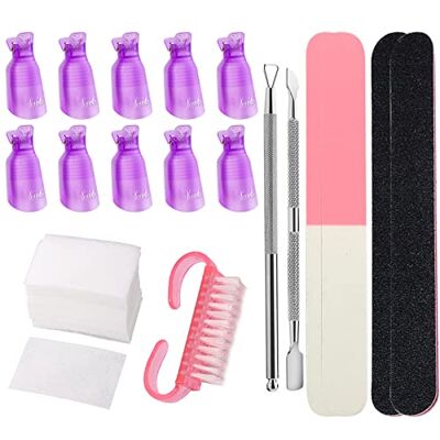VEGCOO Gel Nail Polish Remover Tools Kit, 10 Pcs Nail Polish Remover Clips, 4 Nail Files, 200 Pcs Nail Wipe Cotton Pads, 2 Cuticle Pusher & a Nail Brush for Gel Manicure Nail Polish Removing (Purple) VEGCOO Gel Nail Polish Remover Tools Kit, 10 Pcs Nail Polish Remover Clips, 4 Nail Files, 200 Pcs Nail Wipe Cotton Pads, 2 Cuticle Pusher & a Nail Brush for Gel Manicure Nail Polish Removing (Purple)