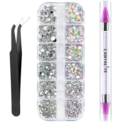 CANVALITE 1500PCS Rhinestones in 6 Sizes Flat Back Gems, Crystal AB Nail Art Gems with Pick Up Tweezers and Rhinestone Picker Dotting Pen, Tools for Nails, Clothes, Face, Craft CANVALITE 1500PCS Rhinestones in 6 Sizes Flat Back Gems, Crystal AB Nail Art Gems with Pick Up Tweezers and Rhinestone Picker Dotting Pen, Tools for Nails, Clothes, Face, Craft
