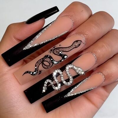 YKHBC Long Coffin Black Butterfly Hand-Painted Press on Nails,3D Adorned with rhinestones,Long Coffin Press On Nails,with Glue Stick on Fingernails,Supremely Fit Natural Reusable,for Women (Snake) YKHBC Long Coffin Black Butterfly Hand-Painted Press on Nails,3D Adorned with rhinestones,Long Coffin Press On Nails,with Glue Stick on Fingernails,Supremely Fit Natural Reusable,for Women (Snake)