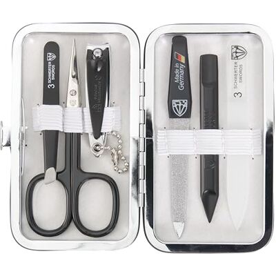 3 Swords Germany brand quality 6 piece manicure pedicure grooming kit set scissors, metal and glass nail file, clipper, tweezers with synthetic leather case white/black tools 3 Swords Germany brand quality 6 piece manicure pedicure grooming kit set scissors, metal and glass nail file, clipper, tweezers with synthetic leather case white/black tools