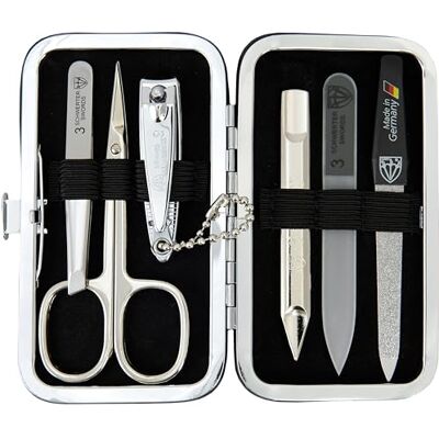 3 Swords Germany brand quality 6 piece manicure pedicure grooming kit set scissors, metal and glass nail file, clipper, tweezers with synthetic leather case black 3 Swords Germany brand quality 6 piece manicure pedicure grooming kit set scissors, metal and glass nail file, clipper, tweezers with synthetic leather case black