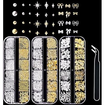 Posoto 3D Nail Art Set: Luxurious 3-Box Collection Gold & Silver Nail Gems with Tweezers Includes Bows, Stars, & Pearls for DIY Manicure Accessories Posoto 3D Nail Art Set: Luxurious 3-Box Collection Gold & Silver Nail Gems with Tweezers Includes Bows, Stars, & Pearls for DIY Manicure Accessories