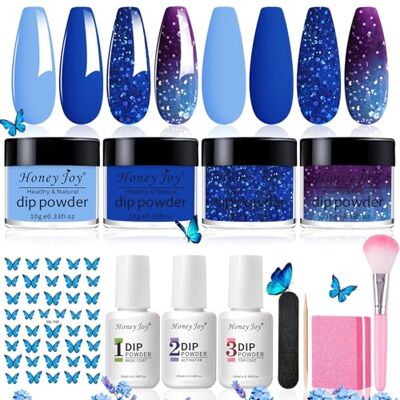 Honey Joy Dip Powder Nail Kit Starter,4 Colors Navy Blue Sky Blue Purple Glitter Dipping Powder Liquid Set with Base Top Coat for Nail Art Manicure Salon DIY No LED Nail Lamp Needed,Dip-7pcs-04 … … Honey Joy Dip Powder Nail Kit Starter,4 Colors Navy Blue Sky Blue Purple Glitter Dipping Powder Liquid Set with Base Top Coat for Nail Art Manicure Salon DIY No LED Nail Lamp Needed,Dip-7pcs-04 … …