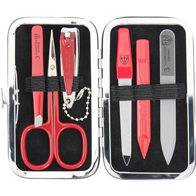 3 Swords Germany brand quality 6 piece manicure pedicure grooming kit set scissors, metal and glass nail file, clipper, tweezers with synthetic leather case red/red tools 3 Swords Germany brand quality 6 piece manicure pedicure grooming kit set scissors, metal and glass nail file, clipper, tweezers with synthetic leather case red/red tools
