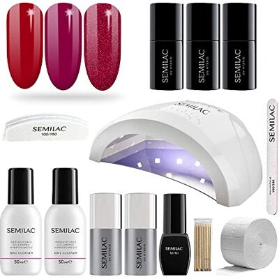 Semilac Love Me Gel Nail Starter Set Kit with UV 24/48W Nail Lamp, 3 Soak Off Gel Polish Colours, (Red) Manicure Tools, Top No Wipe & Extend Base Coat, Top Mat, Remover, Cleaner & More Semilac Love Me Gel Nail Starter Set Kit with UV 24/48W Nail Lamp, 3 Soak Off Gel Polish Colours, (Red) Manicure Tools, Top No Wipe & Extend Base Coat, Top Mat, Remover, Cleaner & More