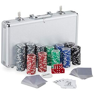 Relaxdays Poker Set, 300x Chips, 2 Card Decks, 5 Dice, Dealer Counter, Travel Case, Professional, Casino Night, Silver Relaxdays Poker Set, 300x Chips, 2 Card Decks, 5 Dice, Dealer Counter, Travel Case, Professional, Casino Night, Silver