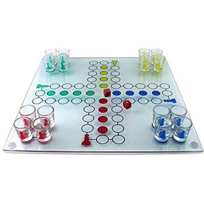 GOODS+GADGETS ® Ludo Drinking Game with 16 Shot Glasses for Adults Classic board game twist for parties 30x30 cm glass board, 2 dice, 4 player colours included GOODS+GADGETS ® Ludo Drinking Game with 16 Shot Glasses for Adults Classic board game twist for parties 30x30 cm glass board, 2 dice, 4 player colours included