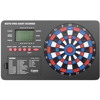 KOTO darts KOTO Pro Electronic Dart Scoreboard Counter, 8 Players, 32 Games, Plastic Play Against Computer, 590 Game Variants, Score Display, Sound Effects, Battery-Powered, Blue, Mounting Hardware Included KOTO darts KOTO Pro Electronic Dart Scoreboard Counter, 8 Players, 32 Games, Plastic Play Against Computer, 590 Game Variants, Score Display, Sound Effects, Battery-Powered, Blue, Mounting Hardware Included
