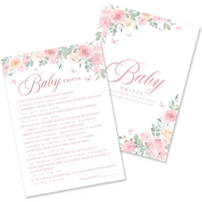 Kaderas Trivia Baby Shower Game Cards for 25 Guests, Baby in Bloom Pink Floral Design Kaderas Trivia Baby Shower Game Cards for 25 Guests, Baby in Bloom Pink Floral Design