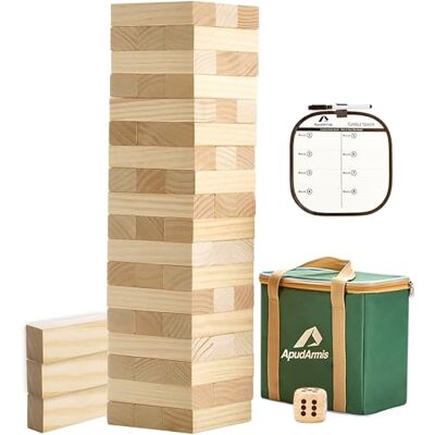 ApudArmis 60 PCS Giant Tumble Tower, Pine Wooden Stacking Game Stack 3.2Ft Non-toxic NZ pine, crack-resistant. Smooth edges. Includes dice, bag. Indoor & outdoor stacking tower game for family parties ApudArmis 60 PCS Giant Tumble Tower, Pine Wooden Stacking Game Stack 3.2Ft Non-toxic NZ pine, crack-resistant. Smooth edges. Includes dice, bag. Indoor & outdoor stacking tower game for family parties