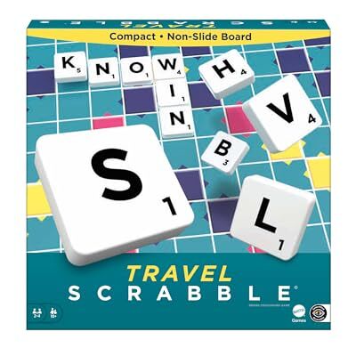 Mattel Scrabble Travel Game, Portable and Compact, 2-4 Players, Includes Playing Board, 4 Racks, 100 Letter Tiles, a Tile Bag, and Rules, UK Version, 10Y+, CJT11 Mattel Scrabble Travel Game, Portable and Compact, 2-4 Players, Includes Playing Board, 4 Racks, 100 Letter Tiles, a Tile Bag, and Rules, UK Version, 10Y+, CJT11