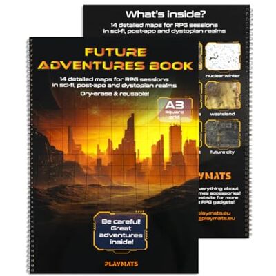 PLAYMATS Future Adventures Book: A3 Sci-fi/Post-apo Dry Erase Book for RPG Games Square Grid PLAYMATS Future Adventures Book: A3 Sci-fi/Post-apo Dry Erase Book for RPG Games Square Grid