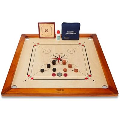 Uber Games – Premium Carrom Board Set – 33 x 33” Official Size playing board Including Carrom Men,Striker & Powder Hardwood edges for better rebound – Made in India – Great value for all players Uber Games – Premium Carrom Board Set – 33 x 33” Official Size playing board Including Carrom Men,Striker & Powder Hardwood edges for better rebound – Made in India – Great value for all players