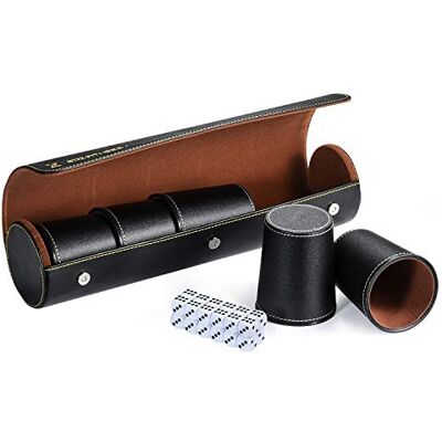 X SIM FITNESSX Leather Dice Cup Set, 5 Black Leather Dice Cups + 25 Dice + Exclusive Storage and Transport Case Made of Faux Leather with Magnetic Closure X SIM FITNESSX Leather Dice Cup Set, 5 Black Leather Dice Cups + 25 Dice + Exclusive Storage and Transport Case Made of Faux Leather with Magnetic Closure