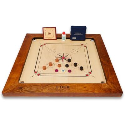 Uber Games – Bulldog Carrom Board Set & Stand – 37” x 37” Official Size playing board Including Carrom Men, Striker & Powder Hardwood edges for better rebound – Made in India Uber Games – Bulldog Carrom Board Set & Stand – 37” x 37” Official Size playing board Including Carrom Men, Striker & Powder Hardwood edges for better rebound – Made in India