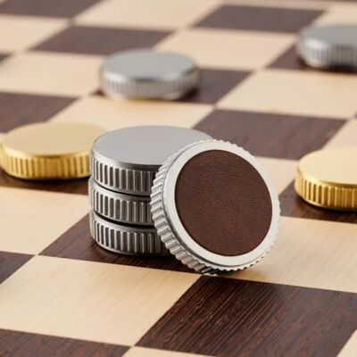 Pushka Home LTD Draughts Checkers Set With Solid Brass Gold And Silver Pieces With Leather Base 2 Player, Age 8+ Pushka Home LTD Draughts Checkers Set With Solid Brass Gold And Silver Pieces With Leather Base 2 Player, Age 8+
