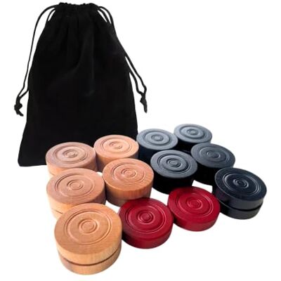 Crokinole Canada 22 Traditional Carrom Board Game Men (10 Black, 10 Natural, 2 Red Queens) with a Velvet Pouch Crokinole Canada 22 Traditional Carrom Board Game Men (10 Black, 10 Natural, 2 Red Queens) with a Velvet Pouch