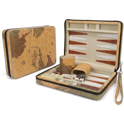 WE Games Travel Backgammon Set Magnetic Board Game with 30 Chips, 2 Vinyl Dice Cups, 4 Dice & Tan Map Leatherette Case WE Games Travel Backgammon Set Magnetic Board Game with 30 Chips, 2 Vinyl Dice Cups, 4 Dice & Tan Map Leatherette Case