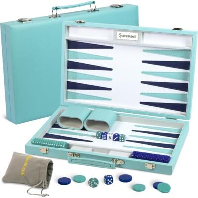 Queensell Premium Turquoise Backgammon Set for Adults – Luxury Leather Board Game with PU Leather Case, 32 Acrylic Chips, Dice Cups, Doubling Cube Queensell Premium Turquoise Backgammon Set for Adults – Luxury Leather Board Game with PU Leather Case, 32 Acrylic Chips, Dice Cups, Doubling Cube