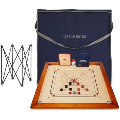Uber Games – Premium Carrom Board Set – 33 x 33” Official Size playing board Including Carrom Men,Striker & Powder Hardwood edges for better rebound – Made in India – Great value for all players Uber Games – Premium Carrom Board Set – 33 x 33” Official Size playing board Including Carrom Men,Striker & Powder Hardwood edges for better rebound – Made in India – Great value for all players