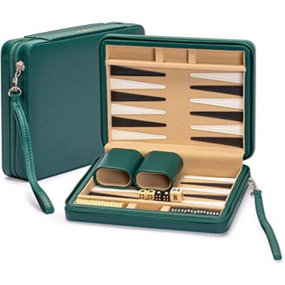 Yellow Mountain Imports YMI Izmir Magnetic Travel Backgammon Set, 23.5cm Magnetic travel backgammon set, 23 cm, with checkers, 4 dice, doubling cube, and 2 dice cups in a leatherette case. Yellow Mountain Imports YMI Izmir Magnetic Travel Backgammon Set, 23.5cm Magnetic travel backgammon set, 23 cm, with checkers, 4 dice, doubling cube, and 2 dice cups in a leatherette case.