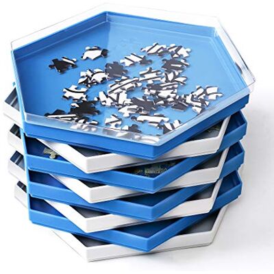 Becko US Becko Stackable Puzzle Sorting Trays Jigsaw Puzzle Sorters with Lid Puzzle Accessory for Puzzles Up to 1500 Pieces, 8 Hexagonal Trays (Blue&White) Becko US Becko Stackable Puzzle Sorting Trays Jigsaw Puzzle Sorters with Lid Puzzle Accessory for Puzzles Up to 1500 Pieces, 8 Hexagonal Trays (Blue&White)