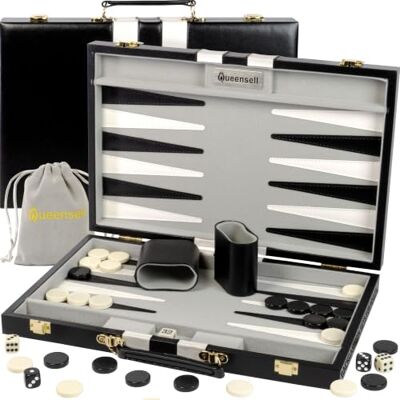 Queensell Backgammon Sets for Adults – 15-Inch Black PU Leather Board Game Set – Classic 2-Player Travel Backgammon Set with 32 Playing Pieces, Dice, and Cups Queensell Backgammon Sets for Adults – 15-Inch Black PU Leather Board Game Set – Classic 2-Player Travel Backgammon Set with 32 Playing Pieces, Dice, and Cups