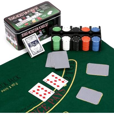 REQUISITE NEEDS Professional Poker Set with Mat, Casino Texas Hold'em and Blackjack Games 200 Chips, Cards in Tin Box REQUISITE NEEDS Professional Poker Set with Mat, Casino Texas Hold'em and Blackjack Games 200 Chips, Cards in Tin Box