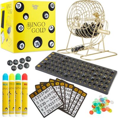 KreativeKraft Gold Bingo Game Set with Cage, 75 Balls and Dabbers 18 Reusable Cards, 150 Chips and 4 Marker Pens for Parties & Group Game Nights Family Game Activity Idea (Bingo Gold) KreativeKraft Gold Bingo Game Set with Cage, 75 Balls and Dabbers 18 Reusable Cards, 150 Chips and 4 Marker Pens for Parties & Group Game Nights Family Game Activity Idea (Bingo Gold)