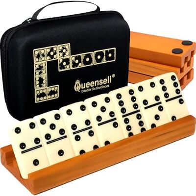Queensell Dominos Set for Adults with 4 Domino Racks Double 6 Dominoes Set with Domino Holder, Classic Board Games for Kids and Adults Double Six Standard Dominos Set 28 Tiles with Travel Case Queensell Dominos Set for Adults with 4 Domino Racks Double 6 Dominoes Set with Domino Holder, Classic Board Games for Kids and Adults Double Six Standard Dominos Set 28 Tiles with Travel Case