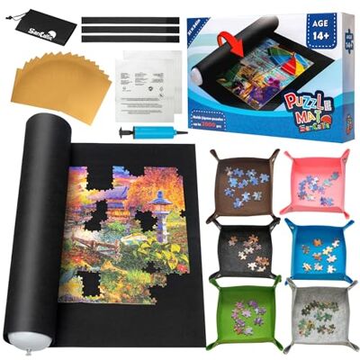 SanCallie Jigsaw Puzzle Mat Roll, Felt Mat, Jigroll Up to 2,000 Pieces with 6 Colorful Trays, Jigsaw Puzzle Player, Gift Box with Drawstring Storage Bag, 3 Elastic Band, Hand Pump SanCallie Jigsaw Puzzle Mat Roll, Felt Mat, Jigroll Up to 2,000 Pieces with 6 Colorful Trays, Jigsaw Puzzle Player, Gift Box with Drawstring Storage Bag, 3 Elastic Band, Hand Pump